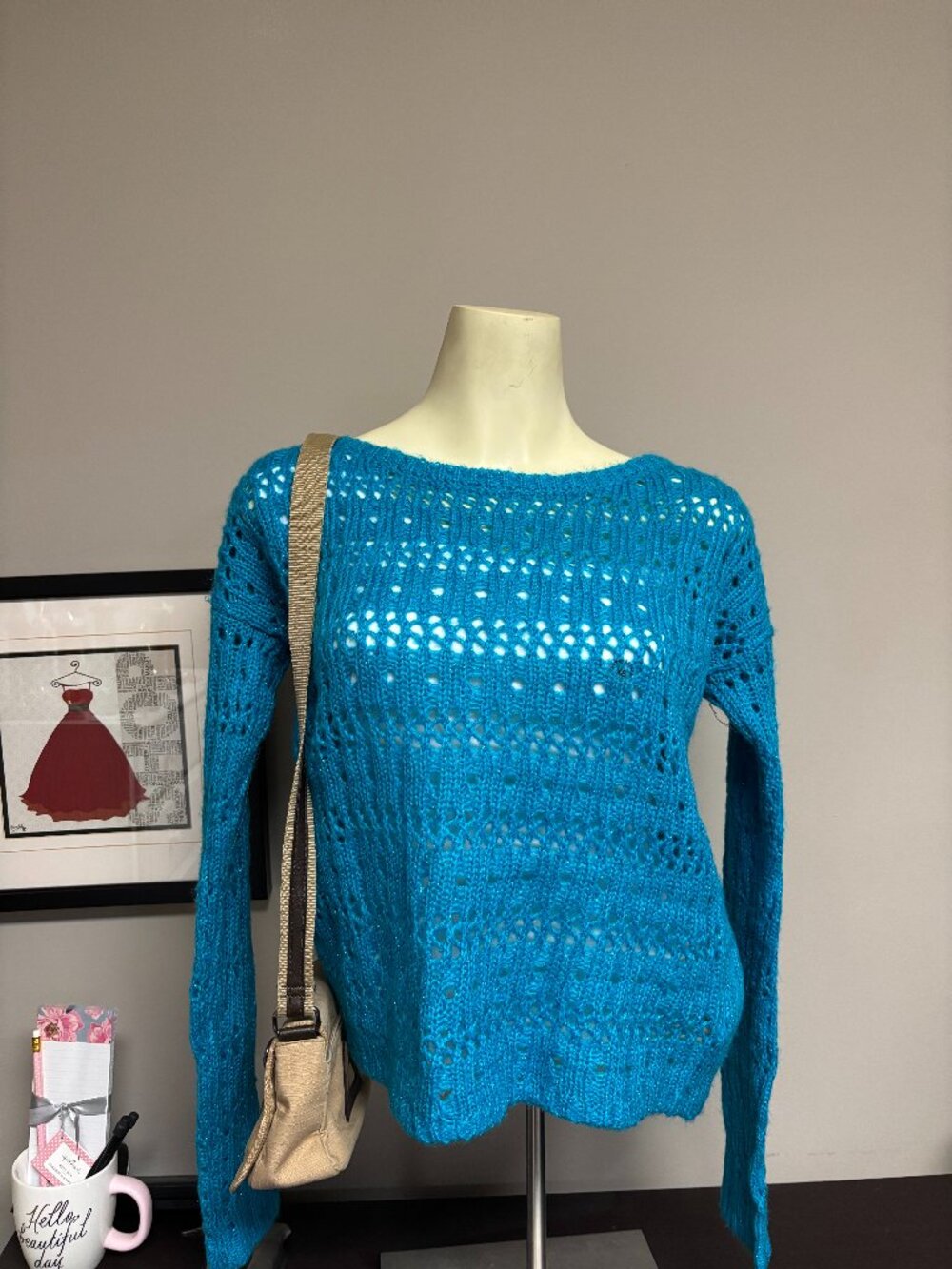 Aeropostale Blue Crochet Knit Sweater Y2K Open Weave Long Sleeve XS